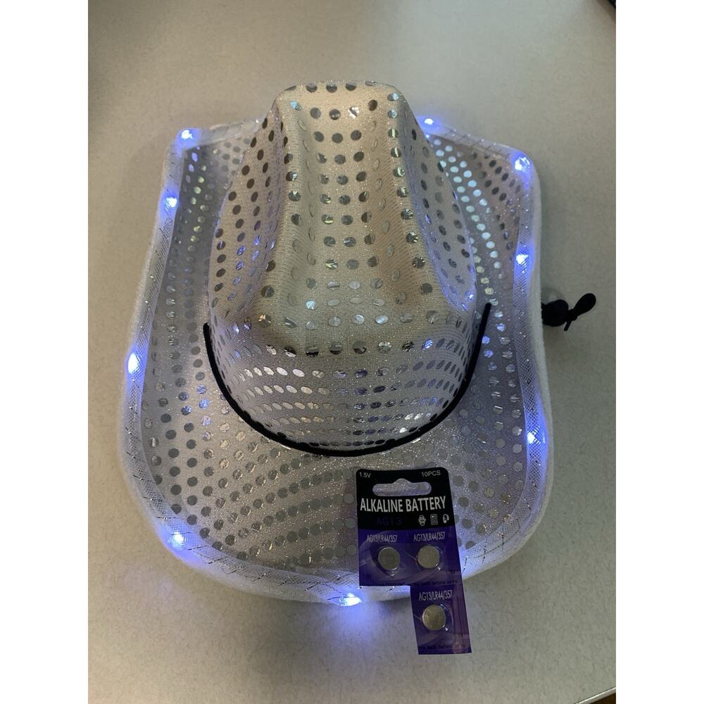 White Silver Sequin Light Up Cowboy Hat Adult Cowgirl Halloween Party Costume - Picture 2 of 14